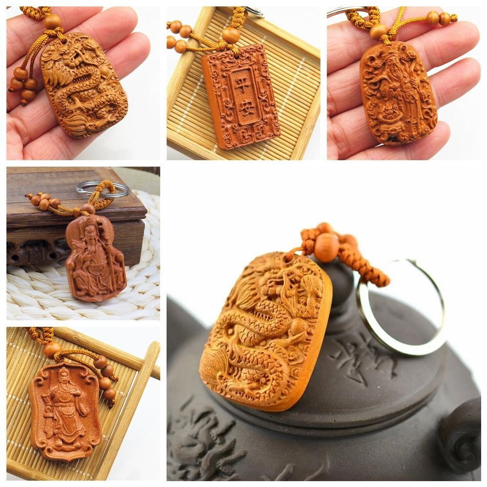 Peach Wood Carving Chinese Dragon Lucky Statue Pendant Buckle Keychain Keyring Chinese Dragon Home D