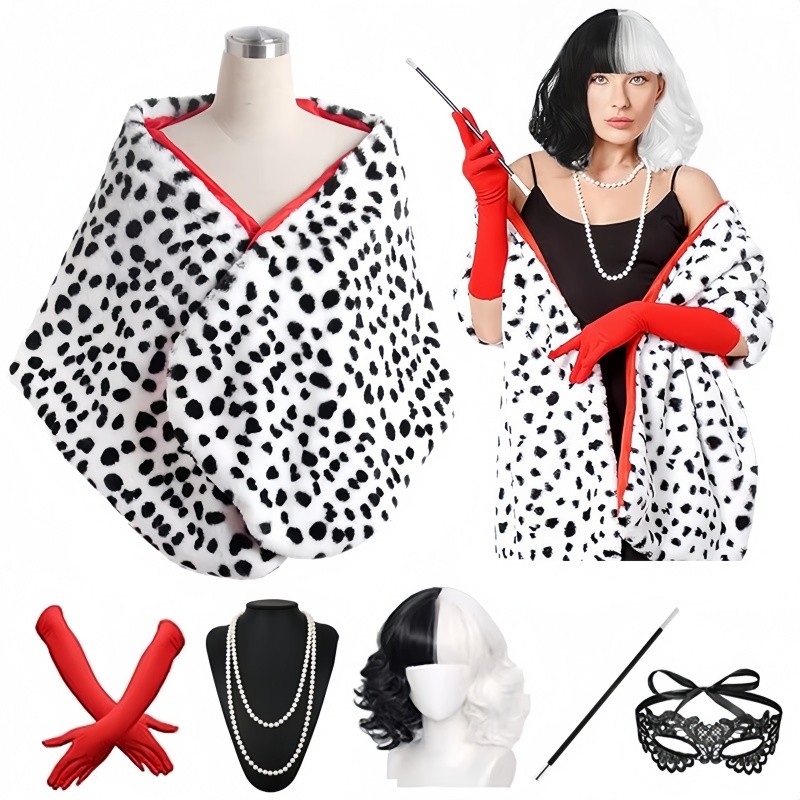 Women'S Cruella Deville 6 Pieces Dalmatian Print Shawl Red Gloves Pearl Necklace Halloween Costume