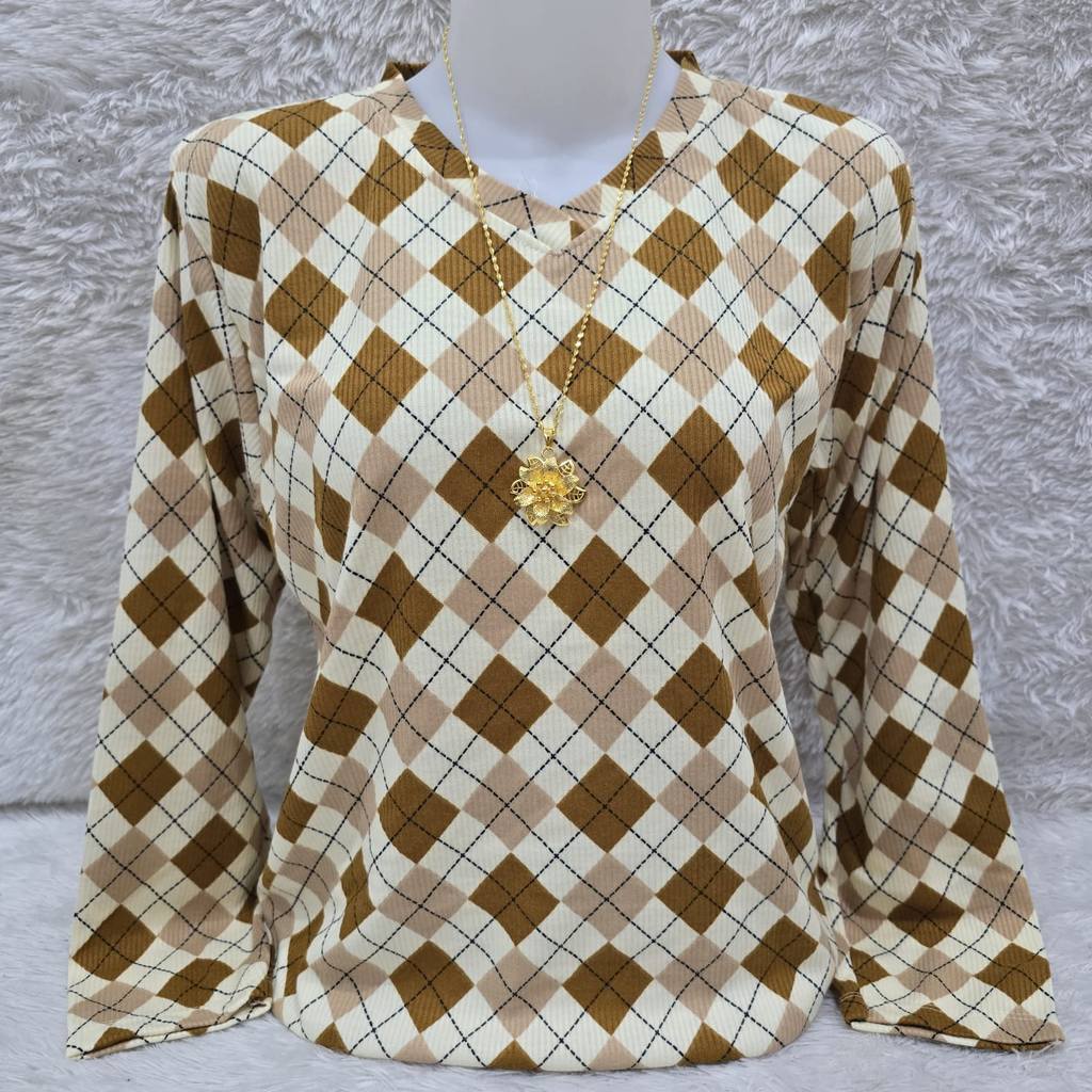 KAOS Motif kotak-Kotak WANITA PREMIUM BAHAN KNIT Panjang leher V
