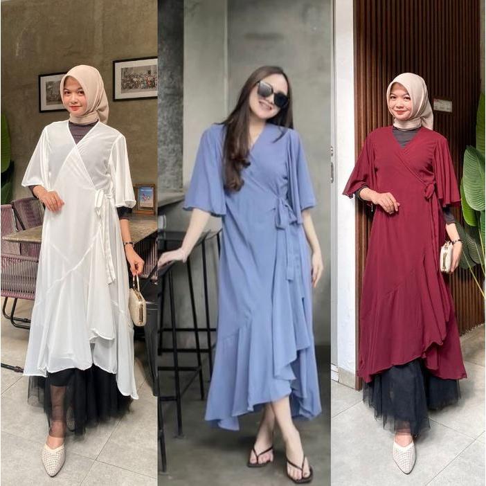 Qome-Gaun Outer Amora Bahan Ceruti Lengan Terompet Baju Pantai Muslim Outer Wanita Panjang Liburan