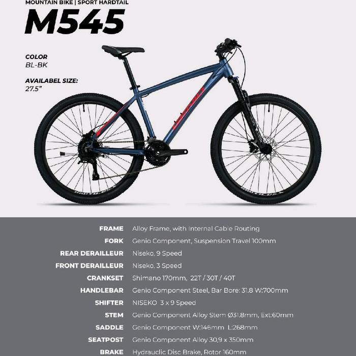 Genio Sepeda Gunung M545 27.5" 27 Speed 3x9 Alloy Frame Fork Suspension 100mm Niseko Derailleur Cran