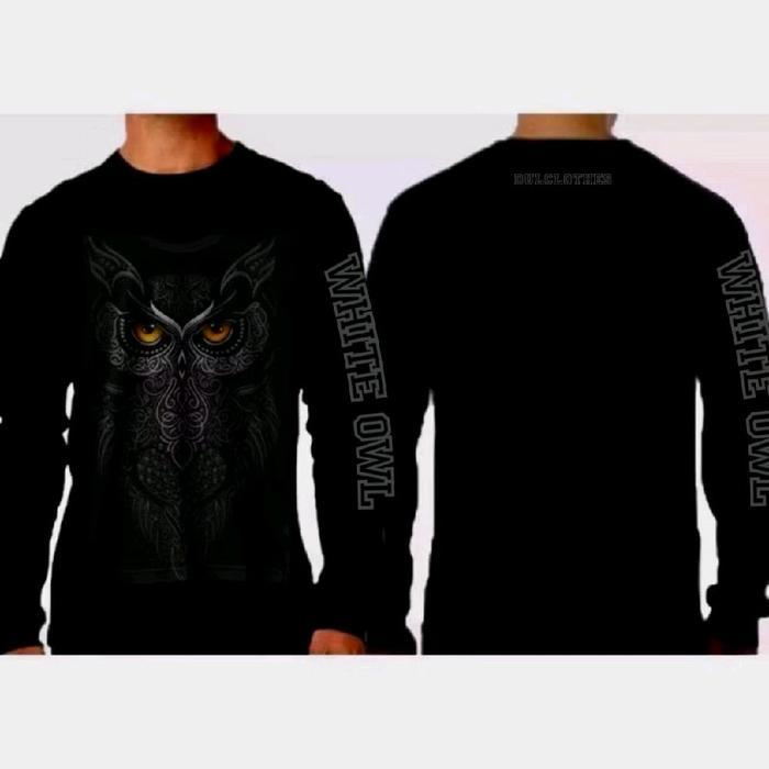 Distro Sablon Black Kaos Distro Sablon Black Metalik White Owl Lengan Panjang dengan Desain Owl yang