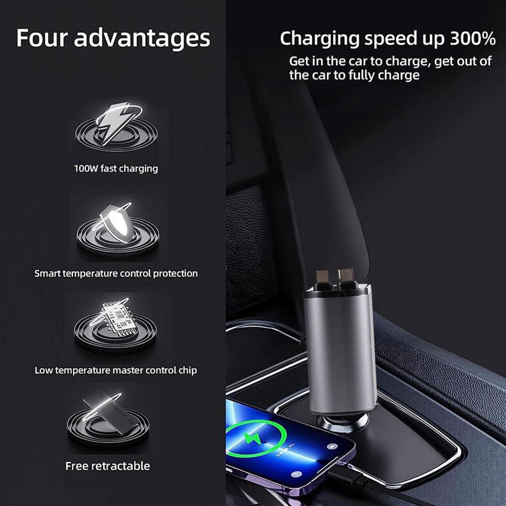 100W Super Fast Charging Car Cigar Lighter 4 IN 1 Retractable Cord