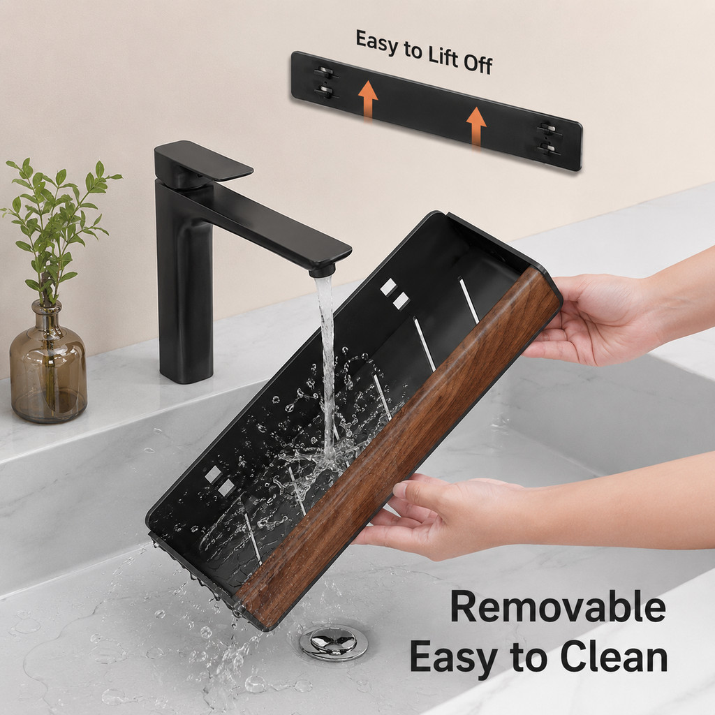 Solid Walnut Wood Wall Mounted Bathroom Shelf No Drill Floating Storage Organizer for Sink