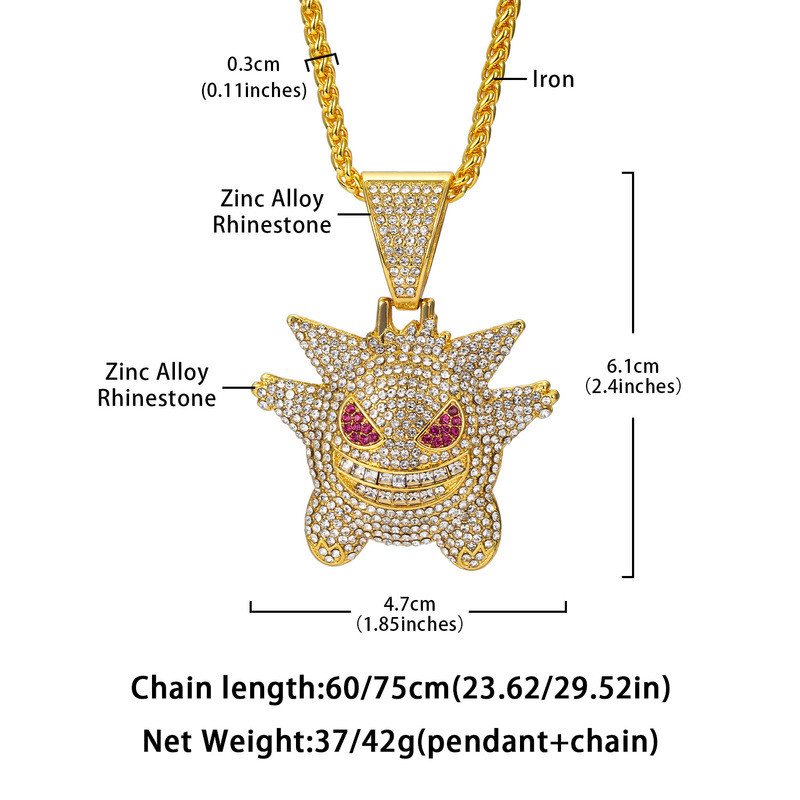 Hip Hop Alloy Full Rhinestone Gengar Pendant Necklace Exaggerated Cartoon Sweater Chain Personalized