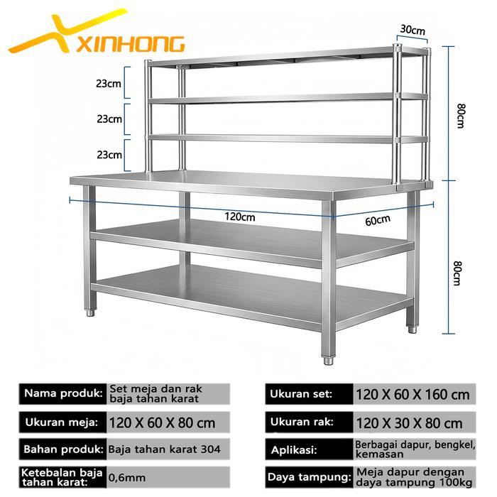 Xinhong Meja Stainless Steel 3 Tingkat Meja Kerja Dapur Rak Baja tahan karat 2 lapis 150X60X80cm