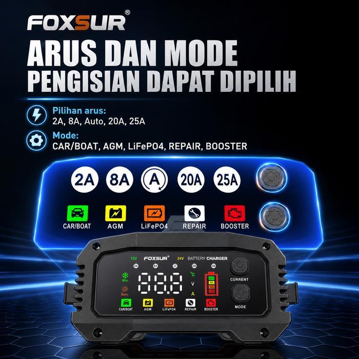 Cethomarket- Charger Aki Foxsur Mobil Motor 12V 24V Otomatis 25A/15A Smart 8 Tahap Agm Lifepo4