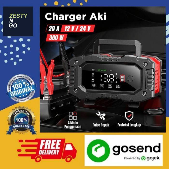 Foxsur Charger Baterai Aki Mobil Motor Portable 20A 300W 12/24V