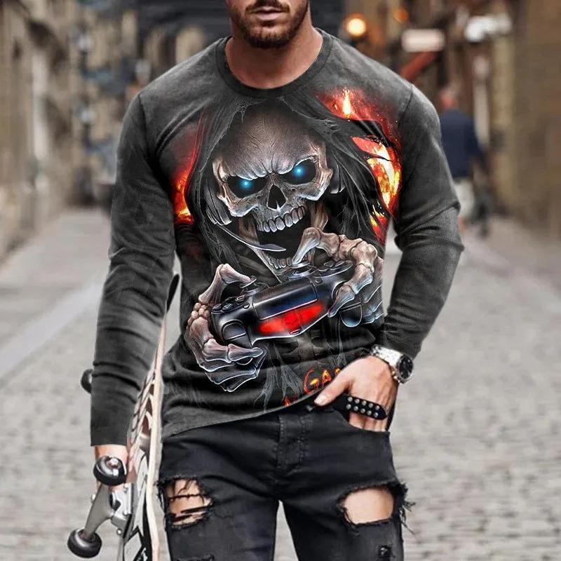 Lengan panjang Pria Floral Gula Tengkorak Mawar Gothic Streetwear Lengan Panjang Leher Kru Tee