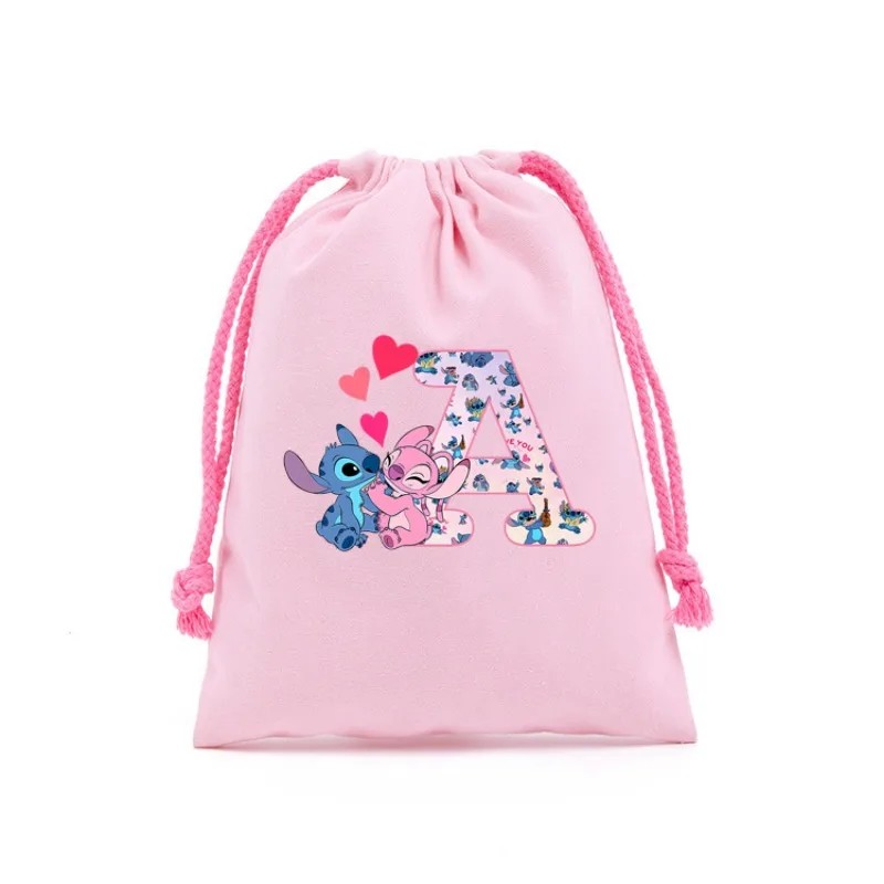 Lilo&Stitch Disney Drawstring Gift Bag Cosmetic Bag Letter A-Z Portable Storage Organize Bag Fabric