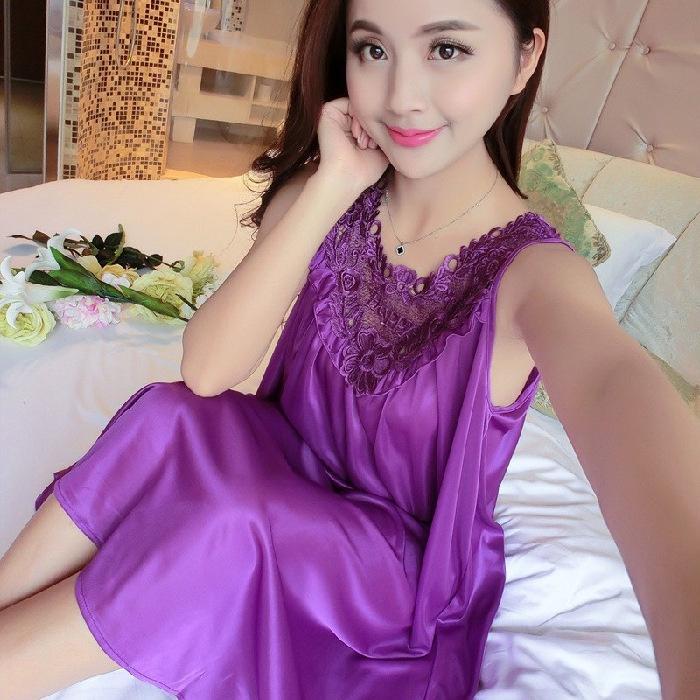 Niceface Baju Daster Satin Renda Brukat Baju Tidur Bahan Satin - Ungu tua