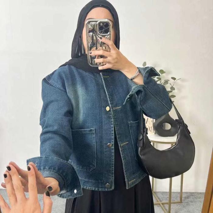 Jaket Outer Cardigan Denim Jeans Clara Atasan Crop Wanita Oversize Lengan Panjang