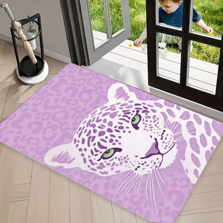 Karpet Area Motif Macan Tutul Ungu, Alas Lantai Anti Selip, Keset Pintu Depan yang Dapat Dicuci deng