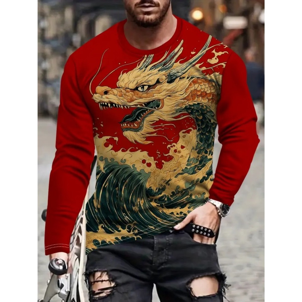 Lengan panjang Kaus Vintage Gaya Harajuku Kaus Atasan Lengan Panjang Motif Naga 3D Kaus Kasual untuk
