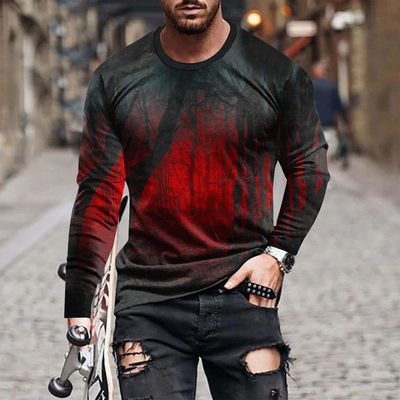 Lengan panjang Laki-laki Lengan Panjang Crew Neck T‑Shirt,3D Bulan Spider Web Hutan Gelap Cetak,Goth