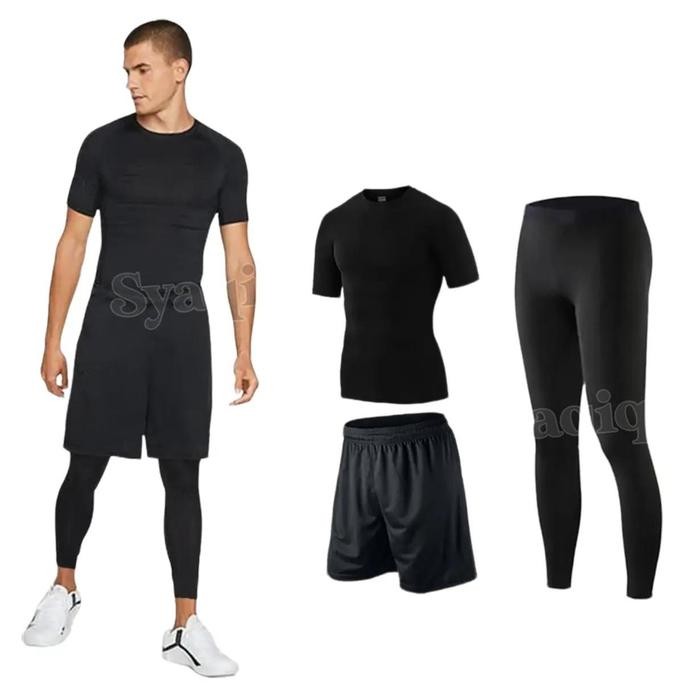 Paket 3 in 1 Manset Baselayer Lengan Pendek Celana Kolor Bola Futsal Celana Legging Panjang Sport