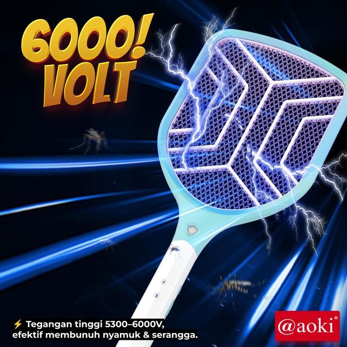 AOKI Raket Nyamuk Rechargeable Tegangan Tinggi 6000V Baterai Bisa Diganti Baterai Lithium 1200mAh