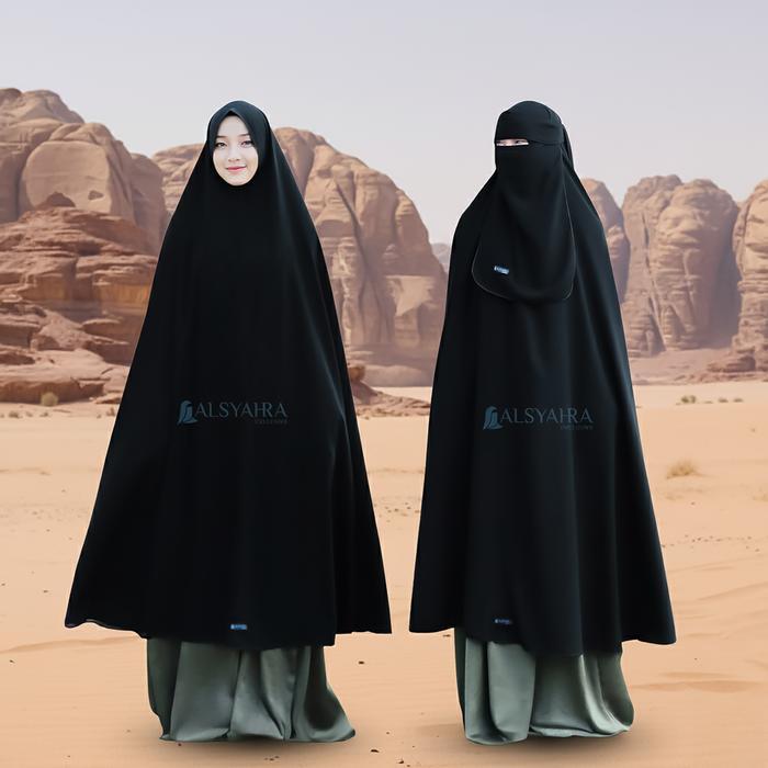 SALE Set Khimar Syari Haramain Non Pet Niqab Bandana Jetblack Alsyahra Exclusive Long Hijab Jumbo