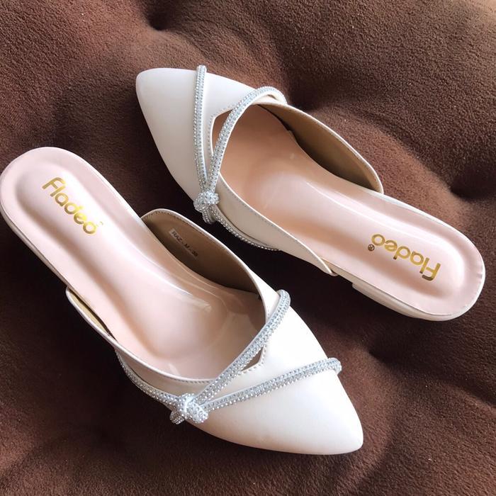 [Naik Size] Sandal Pesta Kondangan Wanita Selop Mr Hak 3Cm Mutiara Cantik