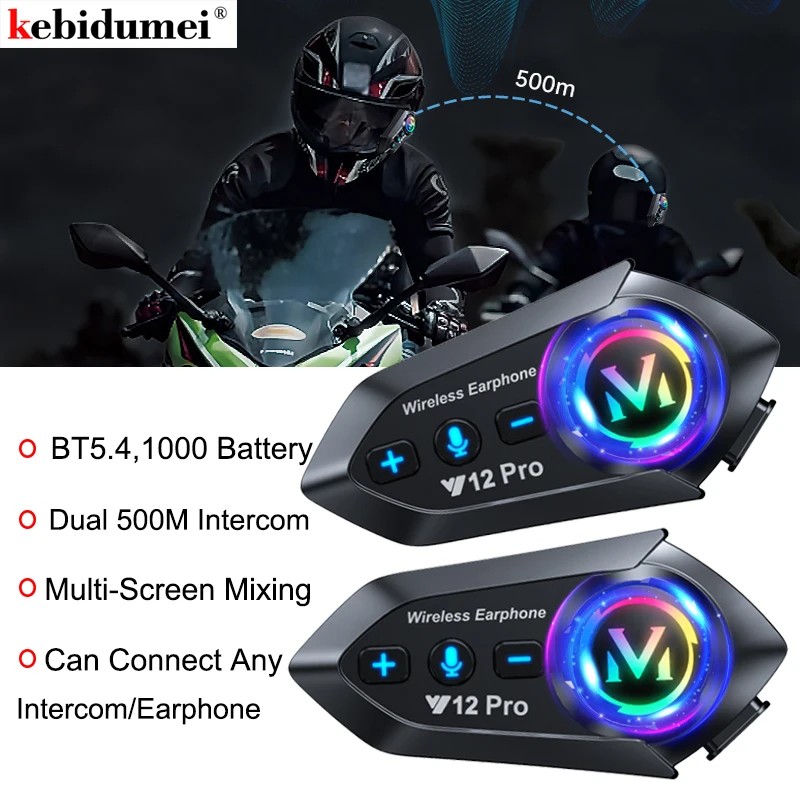 1/2X Y12 Pro Motorcycle Helmet Intercom V5.4 Hands Free Call Kit 500M For 2 Rider Intercomunicador