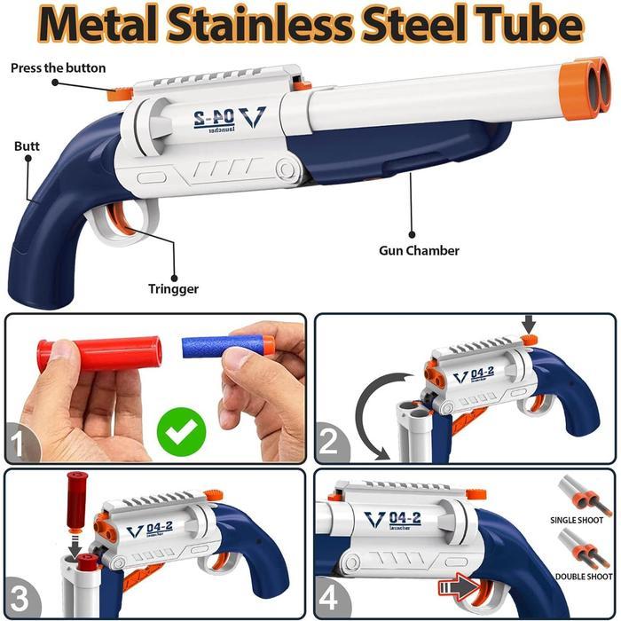 Mainan Anak Double Barrel Toy Blaster Soft Bullet Eva Bullet Karet Shell Eject Shotgun 2 In 1