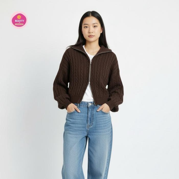 Sweater Doublezipper Kepang Cable Knit Oversize Casual Diskon Sell