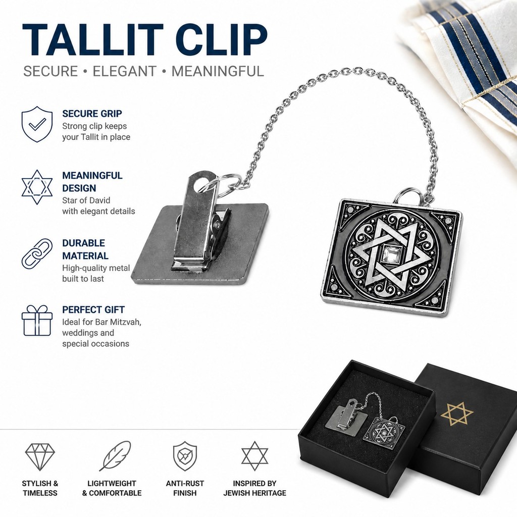 Star of David Tallit Clips, Adjustable Silver Tone, Jewish Prayer Shawl Accessory