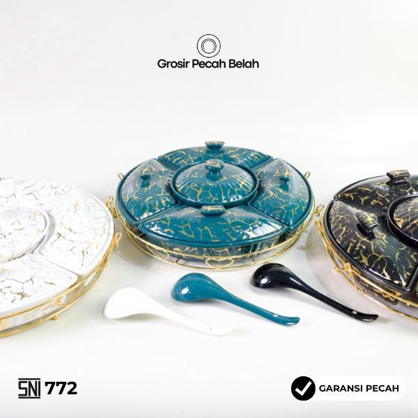 READY Fiorenza - Prasmanan Putar Keramik Set Wadah Saji Mewah Estetik Motif Marble Linning Gold