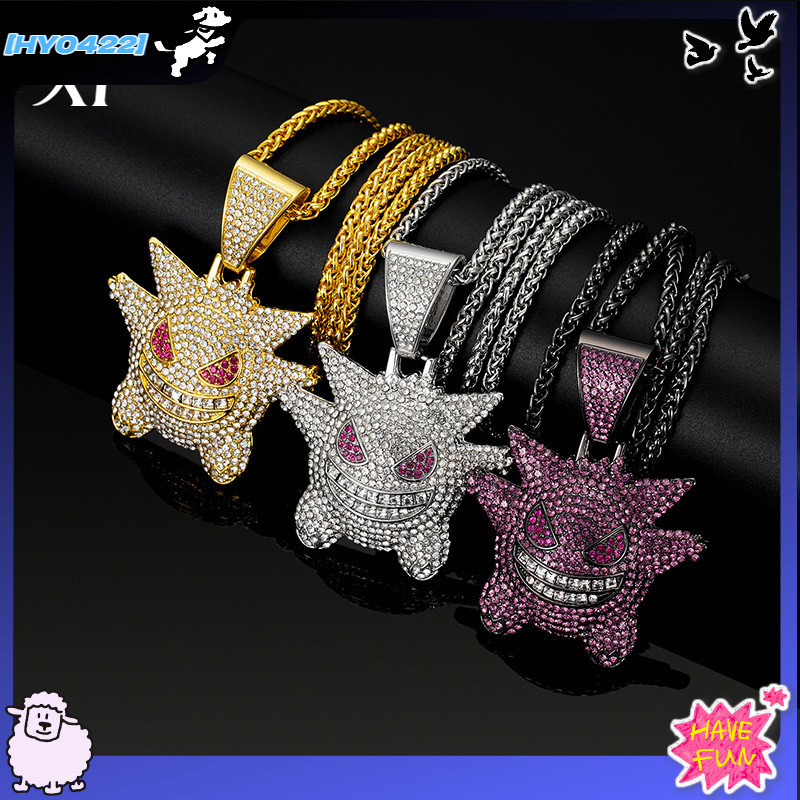Hip Hop Alloy Full Rhinestone Gengar Pendant Necklace Exaggerated Cartoon Sweater Chain Personalized