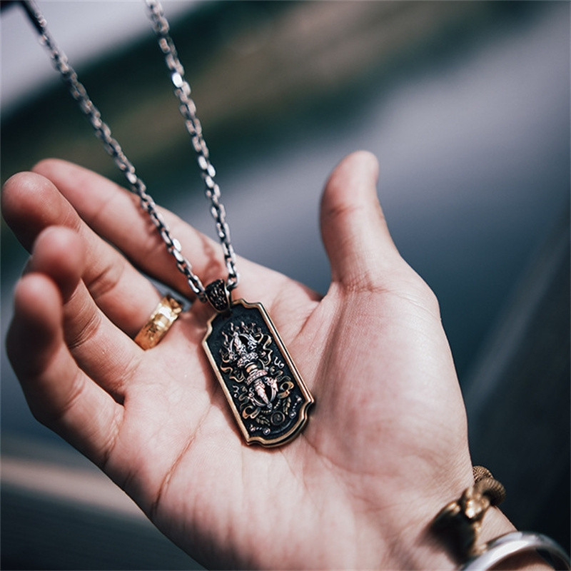 Ethnic Style Relief Flame Vajra Pestle Pendant Necklace For Men Jewelry Blessing Ward Off Evil