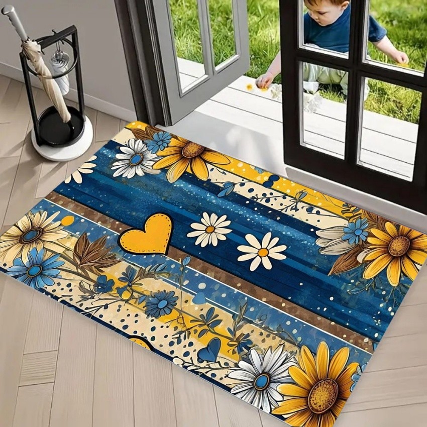 Karpet Area KESET Serat Kayu Daisy Bunga Matahari Garis-garis Biru dengan Hati & Bunga Mekar Keset L