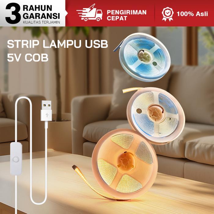 LONGLIFE Strip LED COB 5V USB 2m 3m 5m Perekat Kuat Dekorasi Rak Lemari Meja TV Putih Hangat Putih