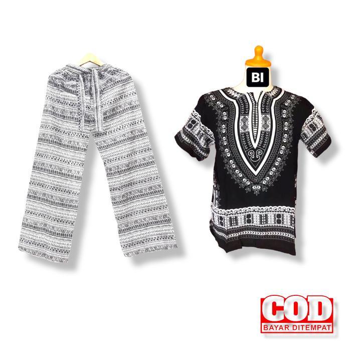 SETELAN CELANA PANJANG DASHIKI PUTIH HITAM/ SETELAN CELANA PANJANG PRIA WANITA/ SETELAN CELANA