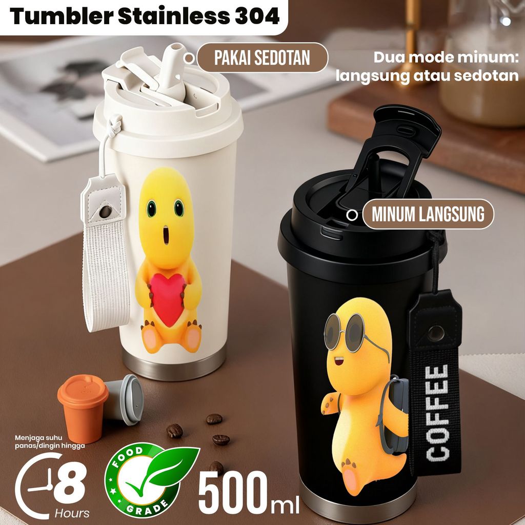 Tumbler Stainless Steel 304 Kapasitas 500ml, Botol Minum Estetis Putih & Hitam, Mode Minum Sedotan d