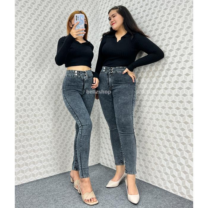 elsi- Luna Celana Highwaist Jeans Skinny Stretch Wanita Snow Black Jumbo Kekinian Premium