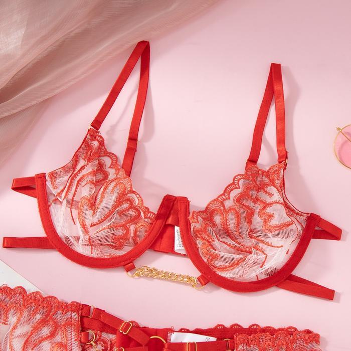 N9233 seksi bra set berkawat free garter sexy lingerie cosplay renda warna merah