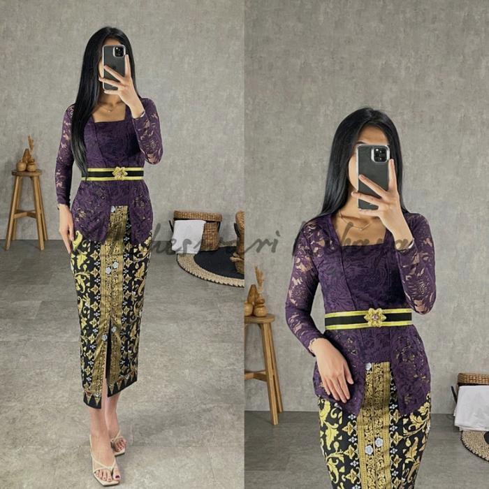 Set Kebaya Bali Brukat Halus Lengan Panjang Ungu Juwet - Set, S