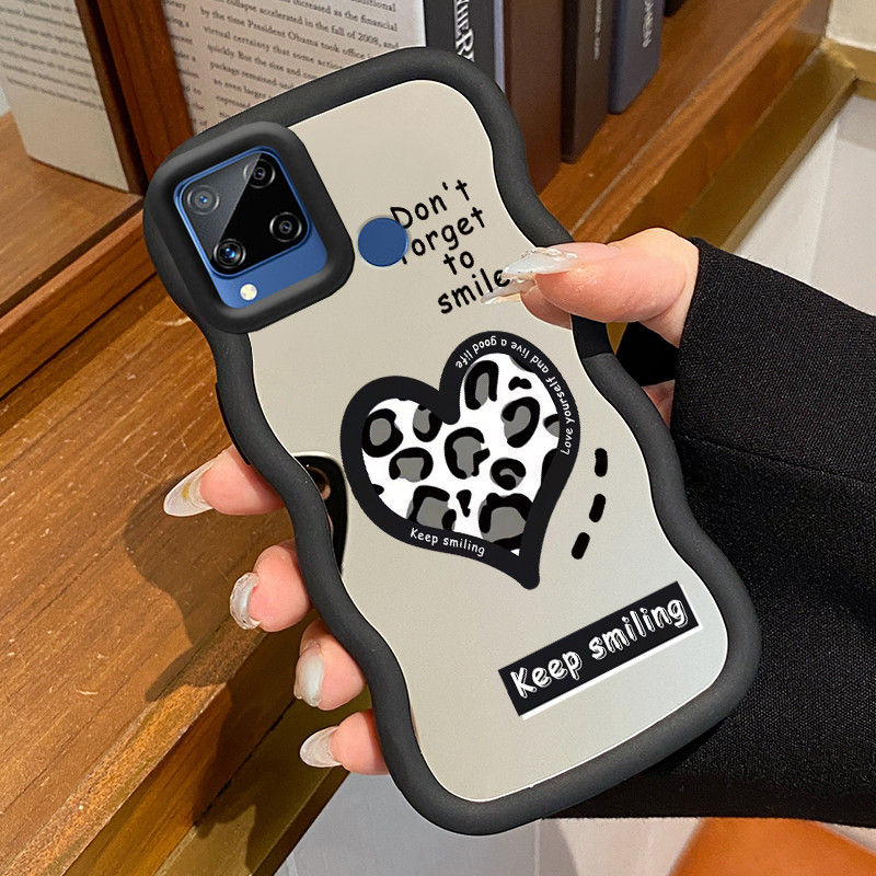 Casing Untuk Realme C15  Case Casing Pola hati macan tutul hitam Kesing HP Cesing Macaron Mirror Kas