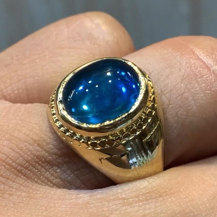 Cincin Batu Blue Topaz london kualitas terbaik ikatan hitam/kuning super elegan
