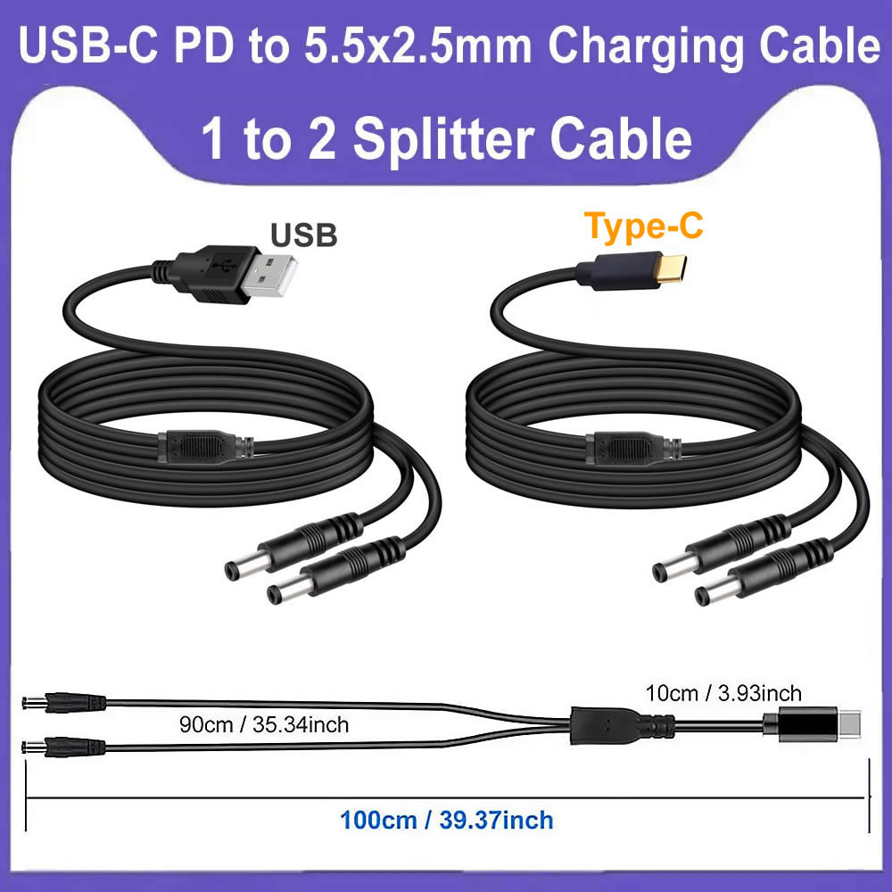 USB Type-C to 2 Dual DC Splitter Cable USB C to DC 5.5x2.1mm 5V Power Supply Cord for LED Strip TV