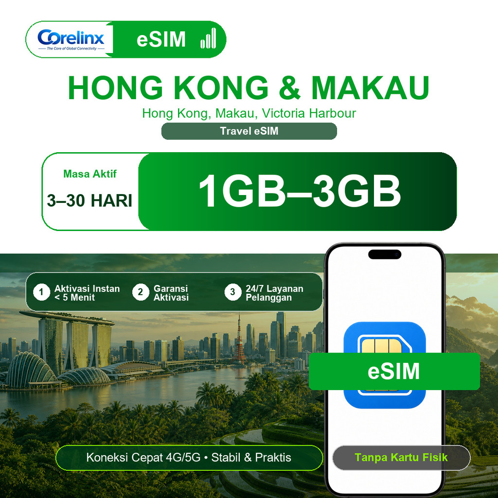 eSIM Hong Kong & Macao 1GB-3GB 3-30 Hari Travel eSIM Data Internet Roaming 4G/5G QR Instan Langsung 