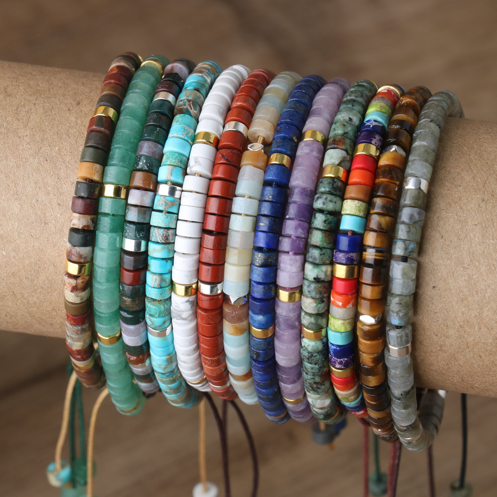 Natural Stone Disc Spacer Beads Bracelet Moonstone Labradorite Rose Quartz Dainty Adjustable