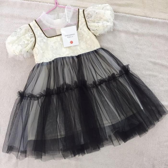 Dress Hitam Putih Anak Remaja Import 1-11Th Gaun Pesta Tile Sequin Mewah Anak Tanggung Impor