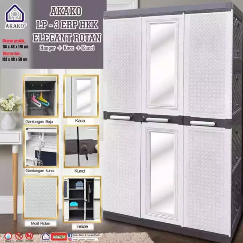 LEMARI PLASTIK AKAKO 3 PINTU KACA CERMIN ELEGANT LP3P LEMARI PLASTIK FULL KUNCI LEMARI GANTUNG