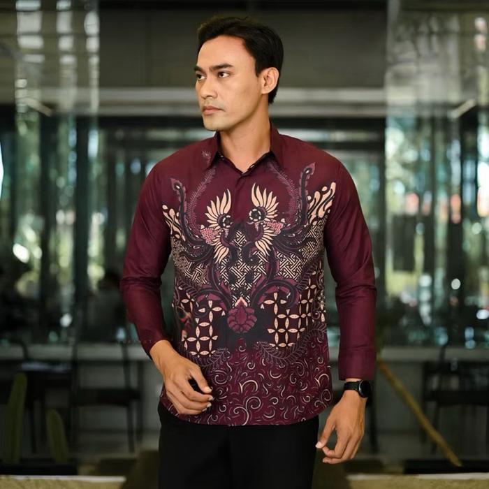 NISKALA BURGUNDI FULL FURING Kemeja Batik Pria Lengan Panjang Slimfit Katun POLIMICRO Halus dan Adem