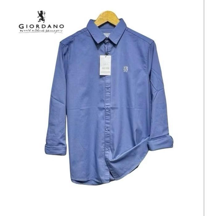 Pria Lengan Panjang Kemeja Pria Lengan Panjang Slimfit Warna Blue Denim Logo 3D - Blue Denim, S Panj