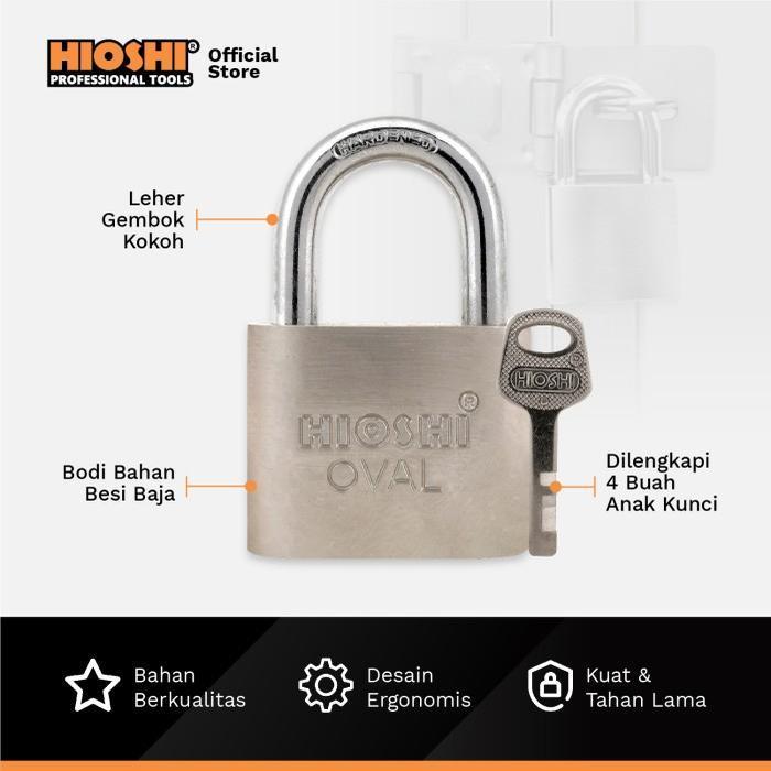 TERLARIS HIOSHI /Gembok Oval/LEHER PENDEK/Besi/Baja/Pagar/Satin/30 40 50 60 mm/Blister/Kunci 4bh -