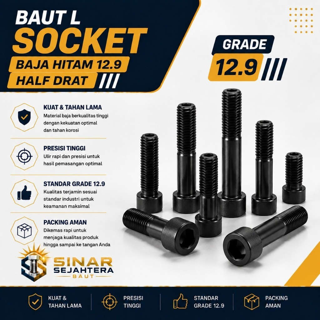Baut L Baja Hitam Grade 12.9 M10X150 / 10X150 / M10 X 150 / 10 X 150 Half Drat - Black Hex Socket He