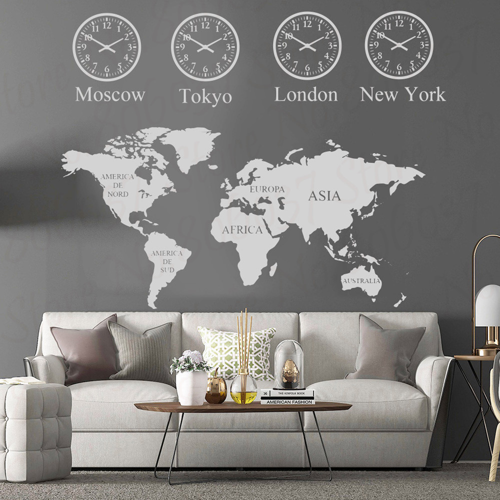 Large World Map Vinyl Wall Sticker London Newyork Tokyo Moscow City Time For House Living Room Decor