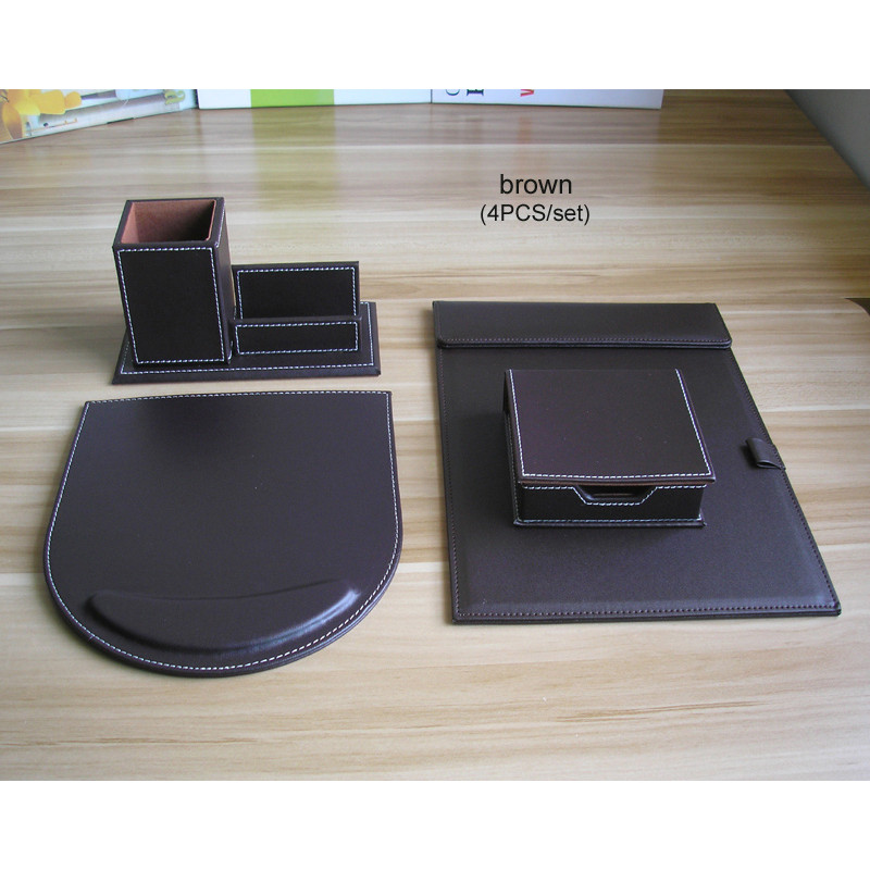 PU leather wood desk stationery organizer pen holder with business card holder memo case office supp